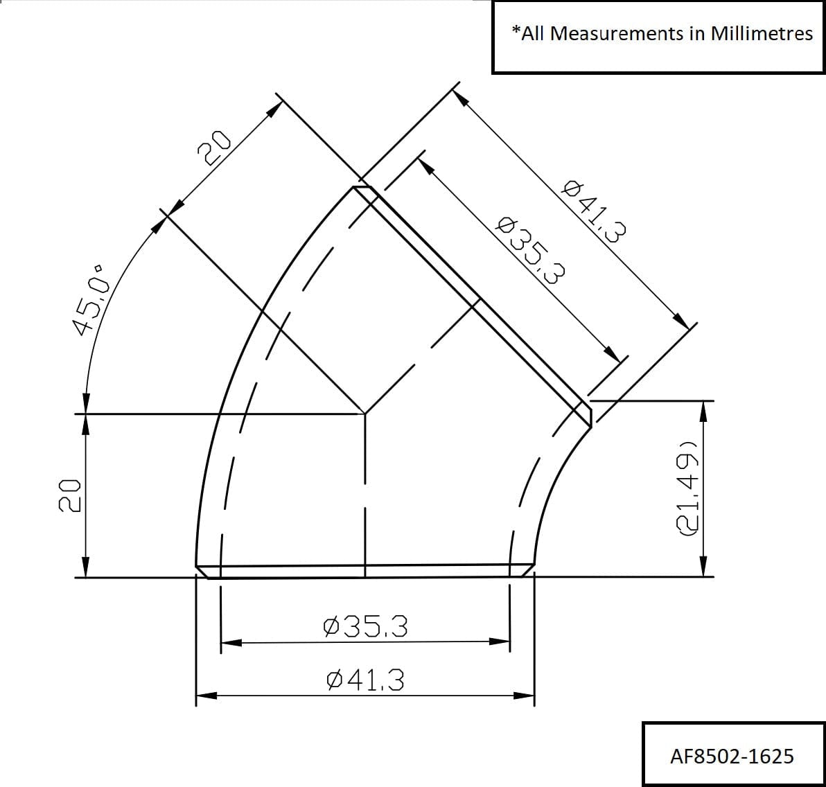 Aeroflow Aeroflow Aeroflow 1-5/8" (42mm) Steam Pipe Tube, 45 Degree Bend, 1.5D Radius (AF8502-1625) SR