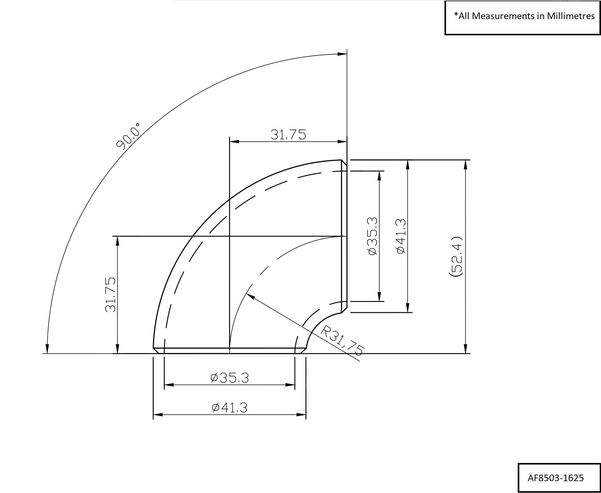 Aeroflow Aeroflow Aeroflow 1-5/8" (42mm) Steam Pipe Tube, 90 Degree Bend, 1.0D Radius (AF8503-1625) SR