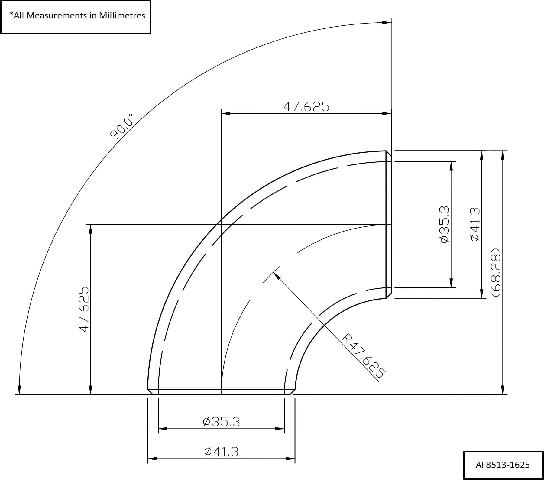 Aeroflow Aeroflow Aeroflow 1-5/8" (42mm) Steam Pipe Tube, 90 Degree Bend, 1.5D Radius (AF8513-1625) SR