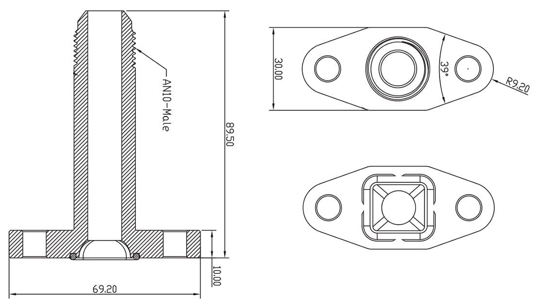 Aeroflow Performance -10AN ORB outlet, 3" Long, 51mm bolt centre, Black Finish Aeroflow Turbo Drain Adapter AF463-06L SR