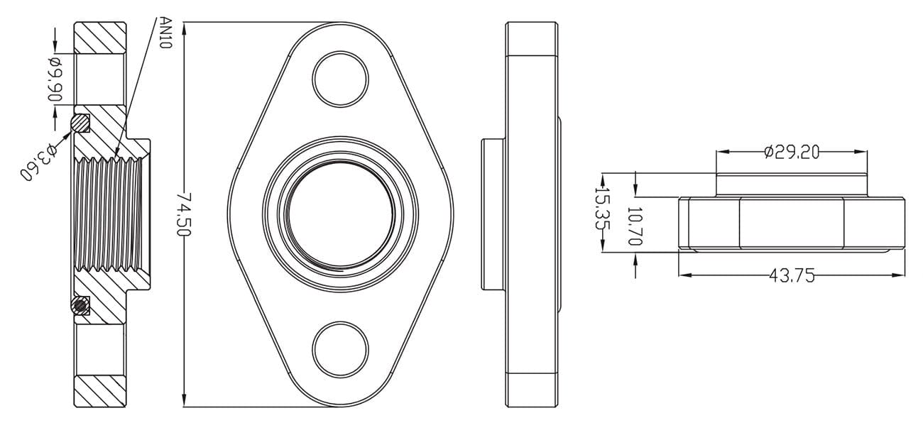 Aeroflow Performance -10AN ORB outlet, 52.4mm bolt centre, Black Finish Aeroflow Turbo Drain Adapter AF463-03 SR