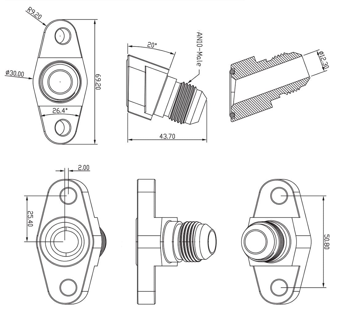Aeroflow Performance 50.8mm Center with O-Ring Seal Aeroflow 20° Turbo Drain Adapter -10AN AF463-18 SR