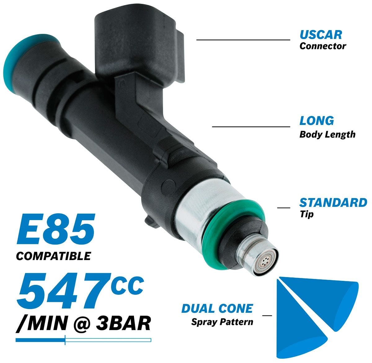 Aeroflow Performance 547 cc/min (50 lb/hr) @ 3 bar (43.5 psi) Aeroflow Bosch Motorsport 547cc EV14 Long USCAR Fuel Injector AF49-1901 SR