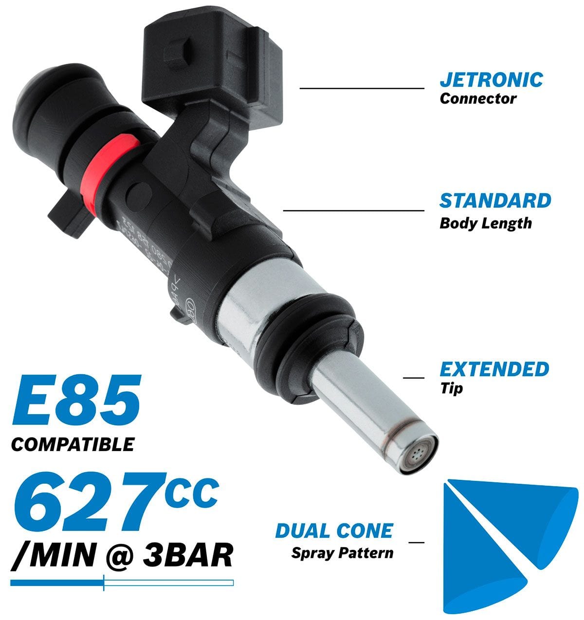 Aeroflow Performance 627 cc/min (57 lb/hr) @ 3 bar (43.5 psi) Aeroflow Bosch Motorsport 627cc EV14 Medium JETRONIC Fuel Injector with Extended Tip AF49 SR
