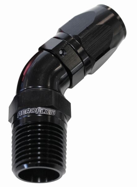 Aeroflow Performance Aeroflow 1/4NPT / 6AN / Black 45° Male NPT Full Flow Swivel Hose End. AF528 Suits 100 & 450 Series Hose SR