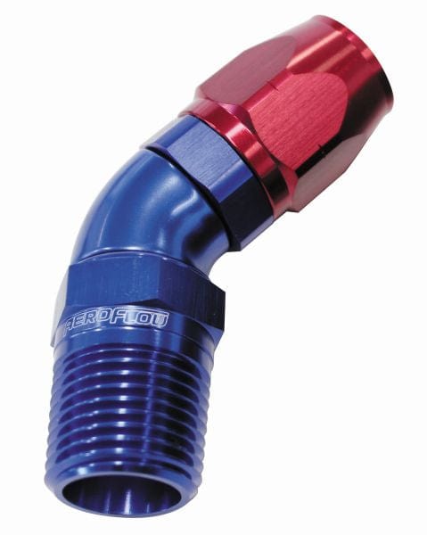 Aeroflow Performance Aeroflow 1/4NPT / 6AN / Blue 45° Male NPT Full Flow Swivel Hose End. AF528 Suits 100 & 450 Series Hose SR