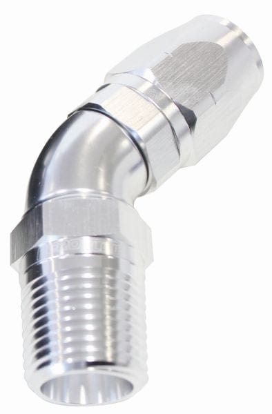 Aeroflow Performance Aeroflow 1/4NPT / 8AN / Silver 45° Male NPT Full Flow Swivel Hose End. AF528 Suits 100 & 450 Series Hose SR