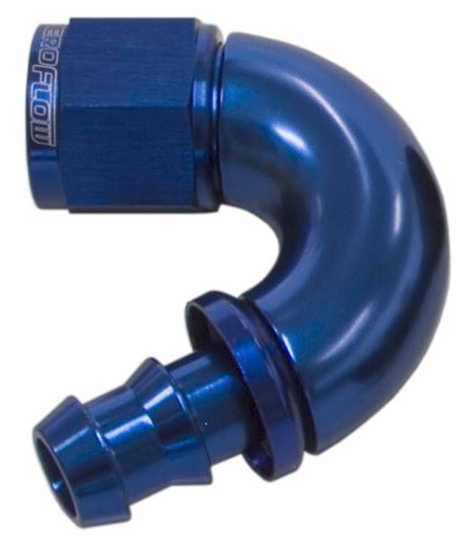 Aeroflow Performance Aeroflow 10 / Red/Blue 510 Series Full Flow Tight Radius Push Lock 150° Hose End AF515. Suits 400 & 500 Series Hose SR