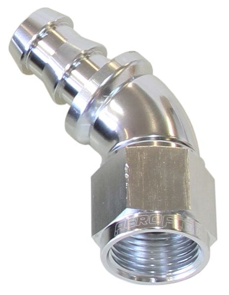 Aeroflow Performance Aeroflow 12 / Silver 510 Series Full Flow Tight Radius Push Lock 45° Hose End AF512. Suits 400 & 500 Series Hose SR