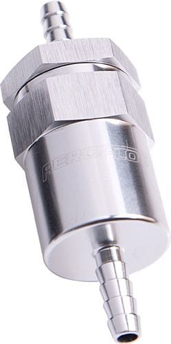 Aeroflow Performance Aeroflow Fittings 5/16 Barb / Silver 30 Micron Billet Fuel Filter AN / Barb Ends 2" Length SR