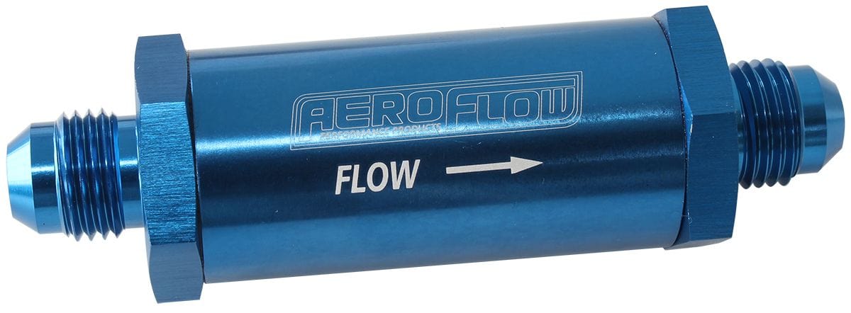 Aeroflow Performance Aeroflow Fittings 6 / Red/Blue Long Inline Fuel & Oil Filter
Includes 30 Micron Element, 3" Long, 1" O.D SR