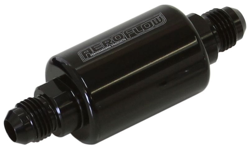 Aeroflow Performance Aeroflow Fittings 6AN / Black Billet Fuel Filter AF66-205240 micron Stainless Steel element, 1.25" x 3" L SR