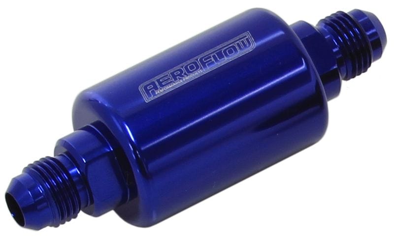 Aeroflow Performance Aeroflow Fittings 6AN / Blue Billet Fuel Filter AF66-205240 micron Stainless Steel element, 1.25" x 3" L SR