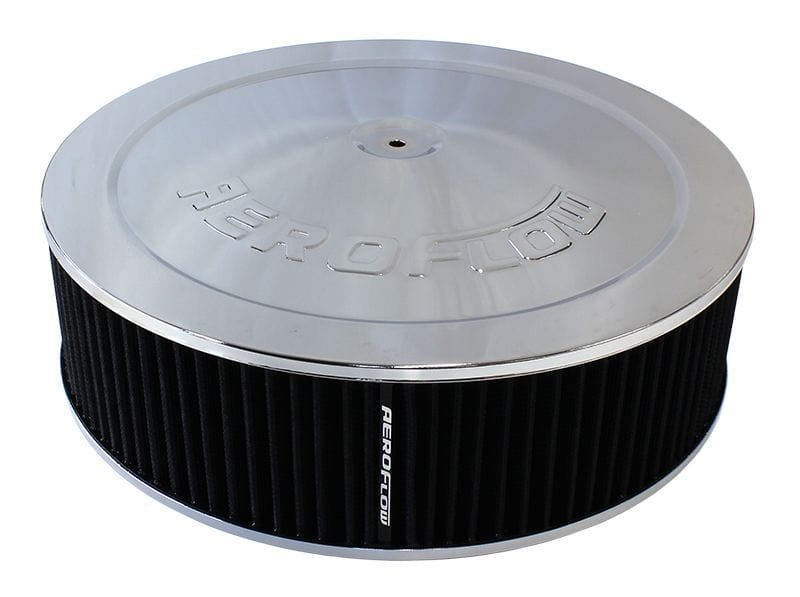Aeroflow Performance Air Filters AF2851-1290 Chrome Air Filter Assembly
14" x 4", 5-1/8" neck, 1-1/8" Drop base , black washable cotton element SR