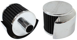 Chrome Push In Breather With Chrome Shield
3" (76.2mm) O.D. x 2-1/2" (63.5mm) High, 1" (25.4mm) Flange Inside Diameter