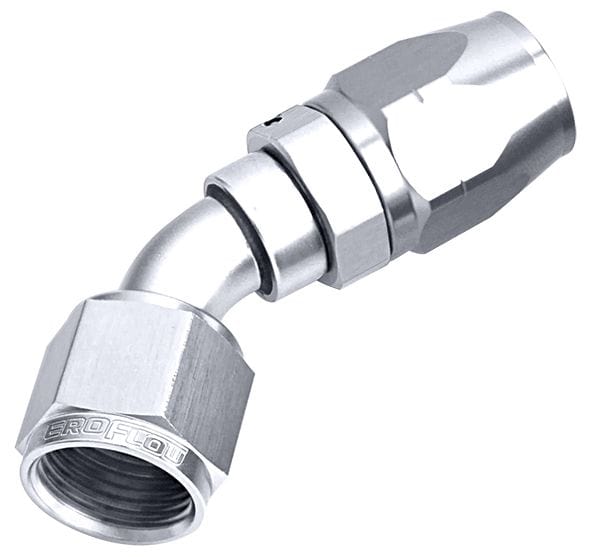 Aeroflow Performance Fittings 8 / Silver 500 Series Cutter Swivel 45° Hose End. Suits 100 & 450 Series Hose SR