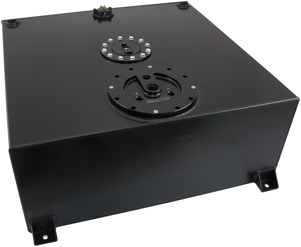 Aeroflow Performance Fuel System Aeroflow Aluminium 100 Liter (26 Gal) Fuel Cell Flat Bottom Triple 60mm Pump Hanger & Fuel Sender - Black AF85-4090ASBLK SR