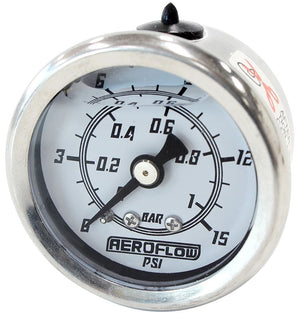 1-1/2" Liquid Filled 15 psi Pressure Gauge
White Face, Black Pointer, 1/8" NPT Male Thread