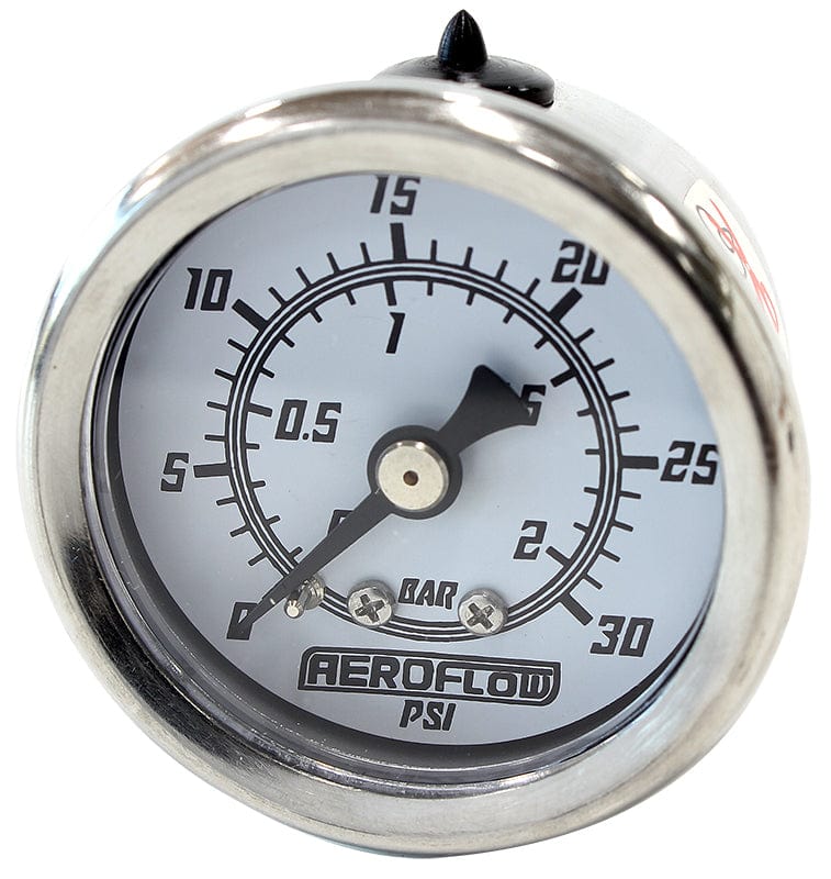 Aeroflow Performance Fuel Systems AF30-2211 1-1/2" 30 psi Pressure Gauge
White Face, Black Pointer, 1/8" NPT Male Thread SR