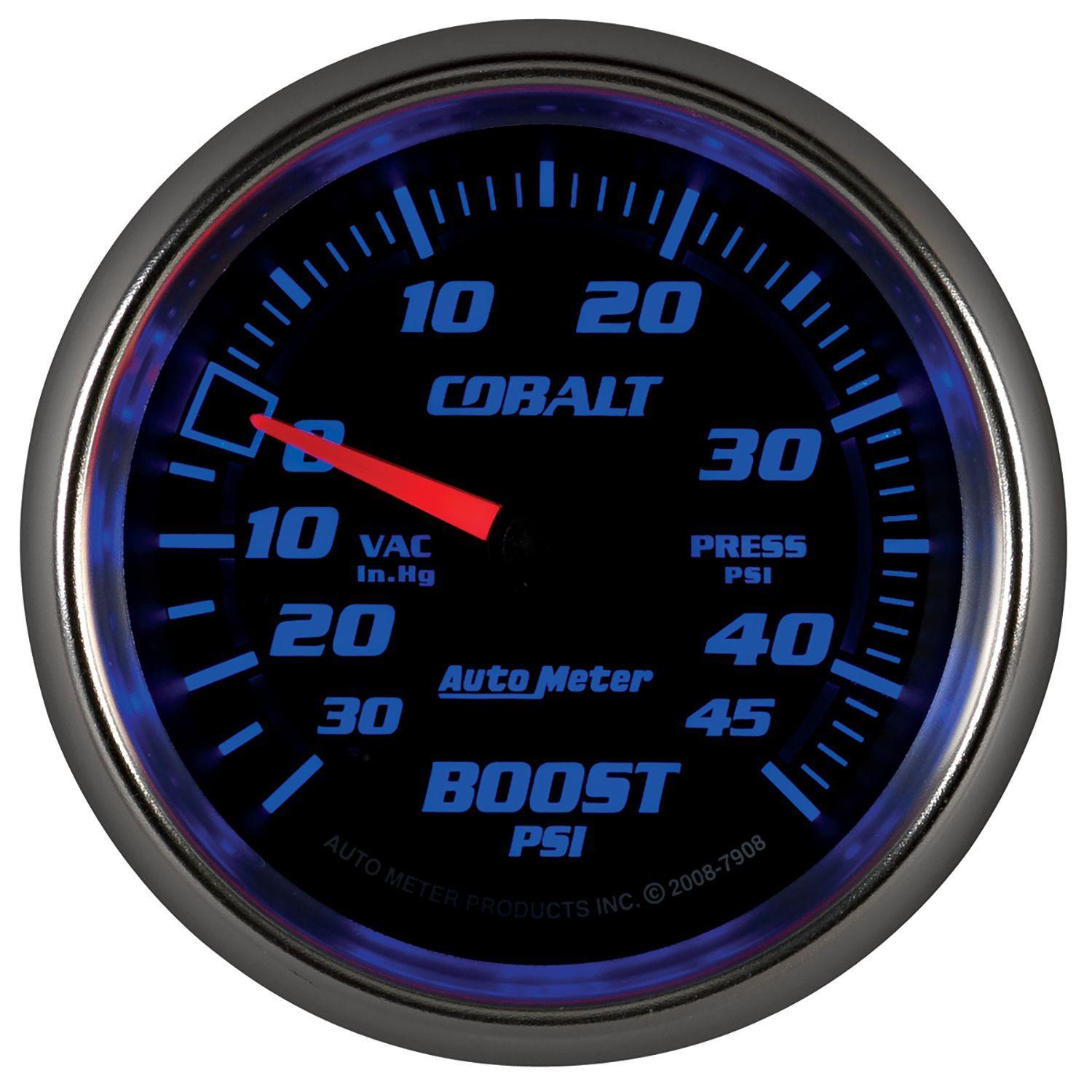 AUTOMETER 2-5/8", Full Sweep Mechanical, 30 In. Hg./45 psi Auto Meter Cobalt Series Boost/Vacuum Gauge AU7908 SR