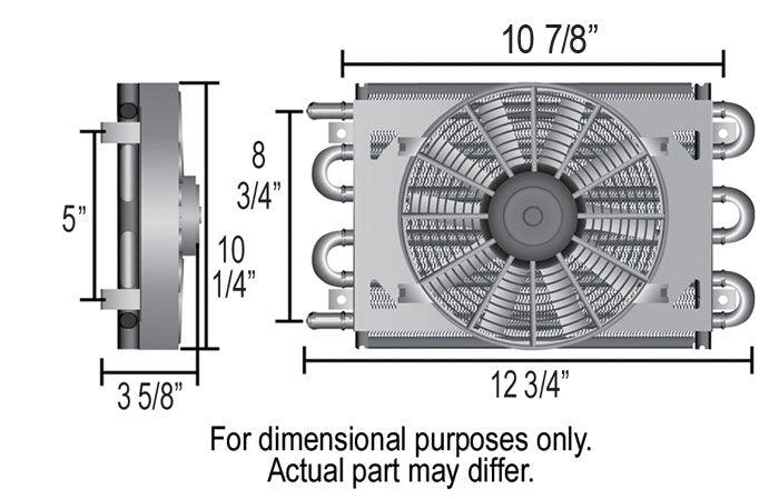 DERALE 11/32" Barb Inlets. 13-5/8" L x 10-1/4" H x 3-5/8" W Derale Derale Dyno-Cool 8 Pass Remote Mount Cooler with Fan DP12742 SR