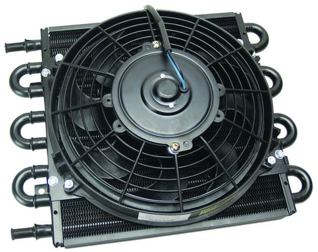 DERALE 11/32" Barb Inlets. 13-5/8" L x 10-1/4" H x 3-5/8" W Derale Derale Dyno-Cool 8 Pass Remote Mount Cooler with Fan DP12742 SR