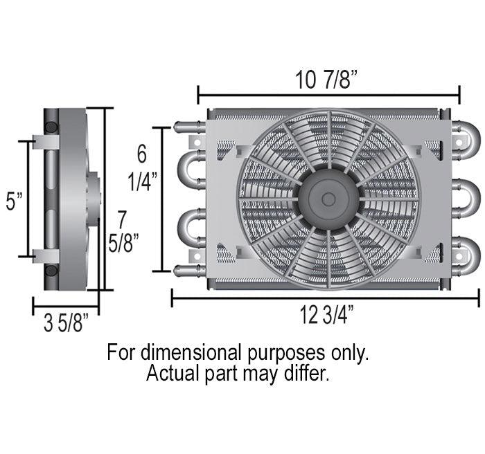 DERALE 11/32" Barb Inlets. 13-5/8" L x 7-5/8" H x 3-5/8" W Derale Derale Dyno-Cool 6 Pass Remote Mount Cooler with Fan DP12740 SR