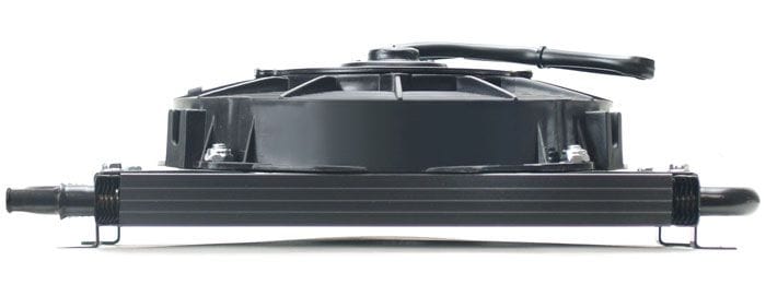 DERALE 11/32" Barb Inlets. 13-5/8" L x 7-5/8" H x 3-5/8" W Derale Derale Dyno-Cool 6 Pass Remote Mount Cooler with Fan DP12740 SR