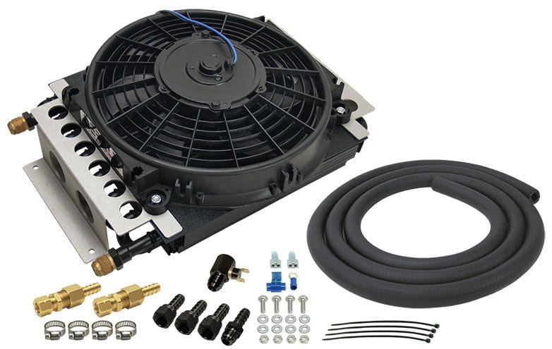 DERALE 16 Pass, x4 -8AN Inlet/Outlet, 11-1/2" H x 15-3/4 W x 5" D Derale Electra-Cool Remote Transmission Cooler Kit DP15900 SR
