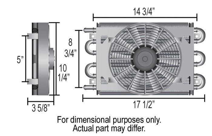DERALE -6AN Inlets. 17-1/2" L x 10-1/4" H x 3-3/4" W Derale Derale Dyno-Cool 8 Pass Remote Mount Cooler with Fan DP12733 SR