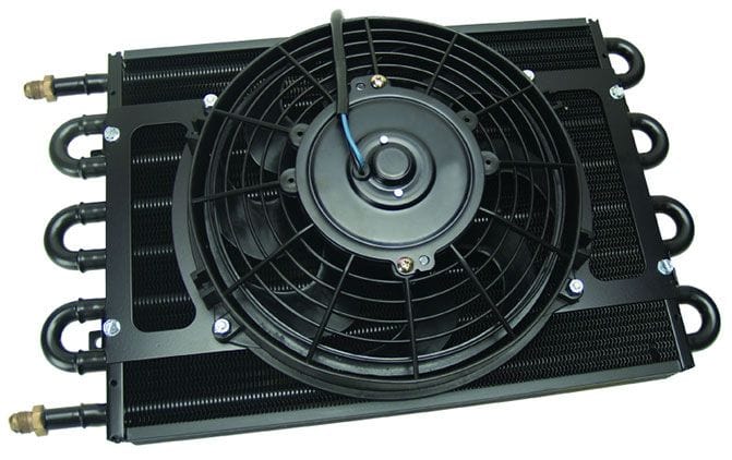 DERALE -6AN Inlets. 17-1/2" L x 10-1/4" H x 3-3/4" W Derale Derale Dyno-Cool 8 Pass Remote Mount Cooler with Fan DP12733 SR