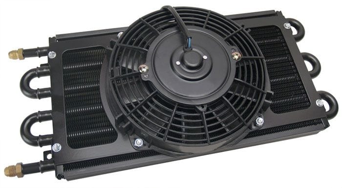 DERALE -6AN Inlets. 17-1/2" L x 7-5/8" H x 3-3/4" W Derale Derale Dyno-Cool 6 Pass Remote Mount Cooler with Fan DP12731 SR