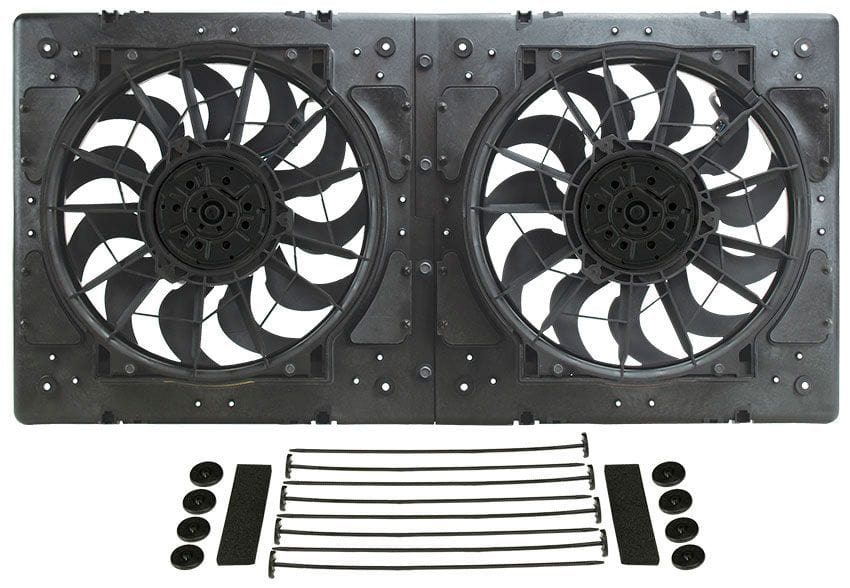 DERALE With 4000 cfm High Output 12" Electric Fans, 28-5/8"W x 13-7/8"H x 3- Derale Dual Fan & Shroud Kit DP16928 SR