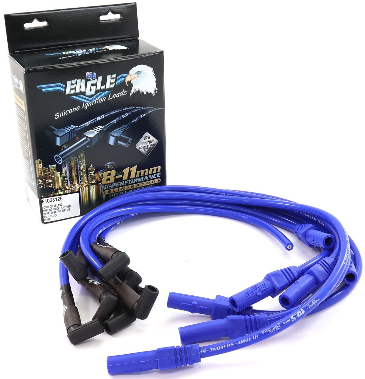 EL Suit 302-351C & 351W With HEI Cap 90° Distributor & 180° Spark Plug ( Eagle Leads 10.5mm Eliminator Series II Around Rocker Cover Lead Set - Blue ELE1058125 SR