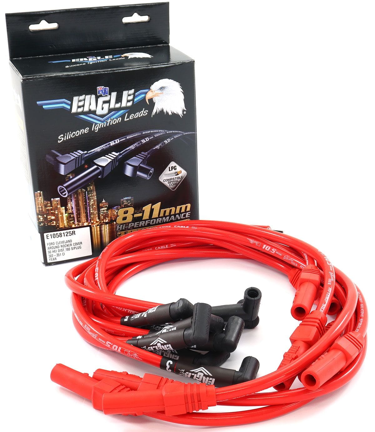 EL Suit 302-351C & 351W With HEI Cap 90° Distributor & 180° Spark Plug ( Eagle Leads 10.5mm Eliminator Series II Around Rocker Cover Lead Set - Red ELE1058125R SR