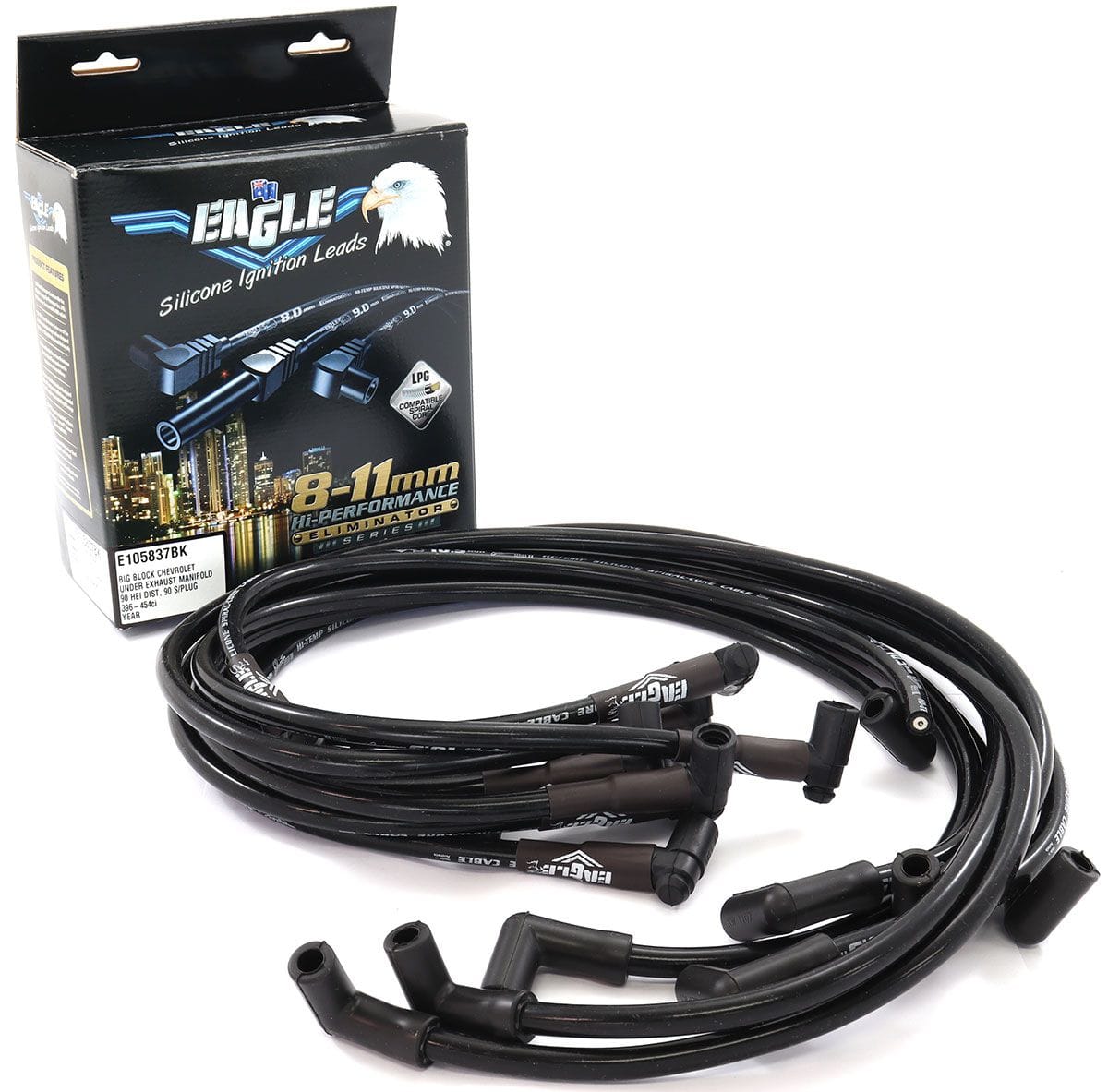 EL Suit BB Chev With HEI Cap 90° Distributor & 90° Spark Plug Eagle Leads 10.5mm Eliminator Series II Under Exhaust Manifold Lead Set - Black ELE105837BK SR