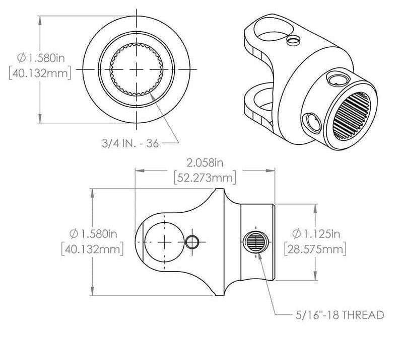 FLAMING 3/4"-36 x 3/4"DD Spline - Smooth Flaming River Stainless Steel Universal Joint FR2515DD SR