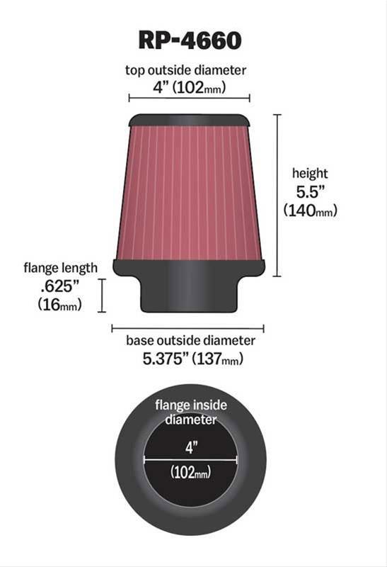 K&N 5.5 in (140 mm) H x 5.375 in (137 mm) Base OD x 4 in (102 mm) Top OD - KNRP-4660 K&N K&N Universal Clamp On Filter Fits 4 in (102 mm) KNRP-4660 SR