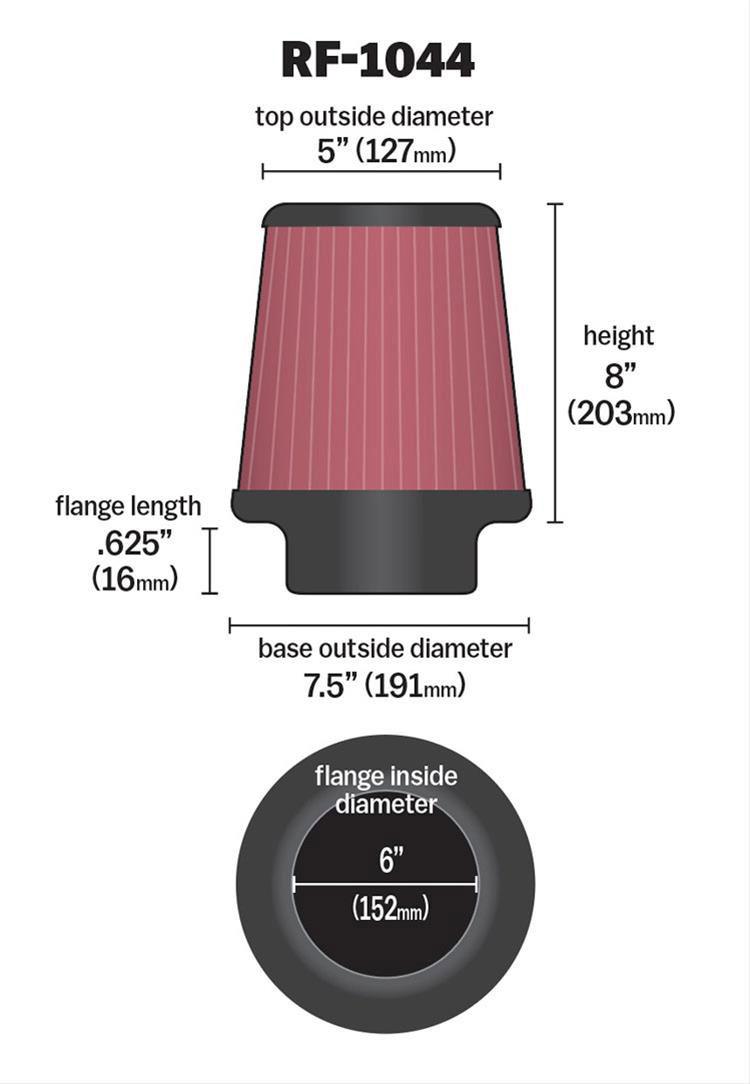 K&N 8 in (203 mm) H x 7.5 in (191 mm) Base OD x 5 in (127 mm) Top OD - KNRF-1044 K&N K&N Universal Clamp On Filter Fits 6 in (152 mm) KNRF-1044 SR