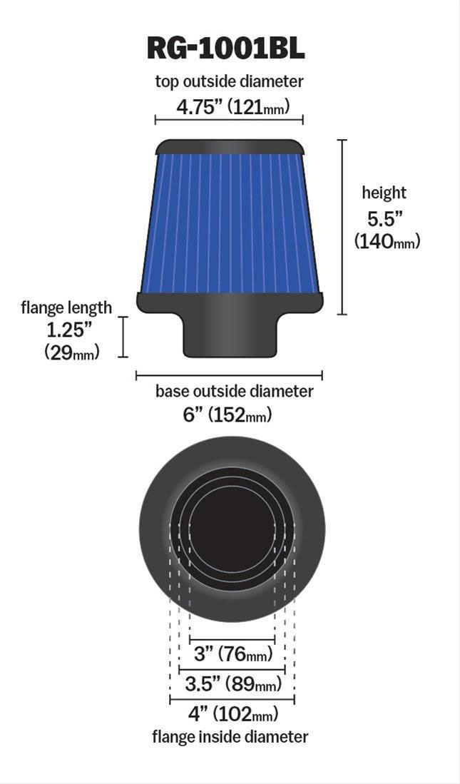 K&N Height: 5.5 in (140 mm) H x 6 in (152 mm) Base OD x 4.75 in (121 mm) Top OD - KNRG-1001BL K&N K&N Universal Clamp On Filter Blue Fits 4 in (102 mm) KNRG-1001BL SR