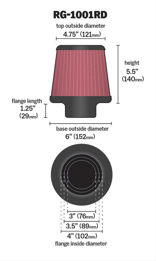 K&N Height: 5.5 in (140 mm) H x 6 in (152 mm) Base OD x 4.75 in (121 mm) Top OD - KNRG-1001RD K&N K&N Universal Clamp On Filter Red Fits 4 in (102 mm) KNRG-1001RD SR