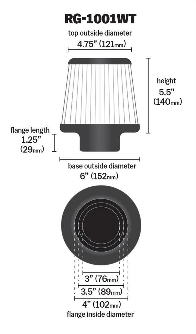 K&N Height: 5.5 in (140 mm) H x 6 in (152 mm) Base OD x 4.75 in (121 mm) Top OD - KNRG-1001WT K&N K&N Universal Clamp On Filter White Fits 4 in (102 mm) KNRG-1001WT SR