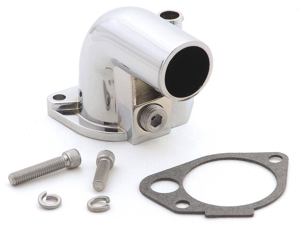 MRG Suit Ford 302-351W 1979-90 Mr Gasket 90° Thermostat Housing, Chrome MG9713 SR