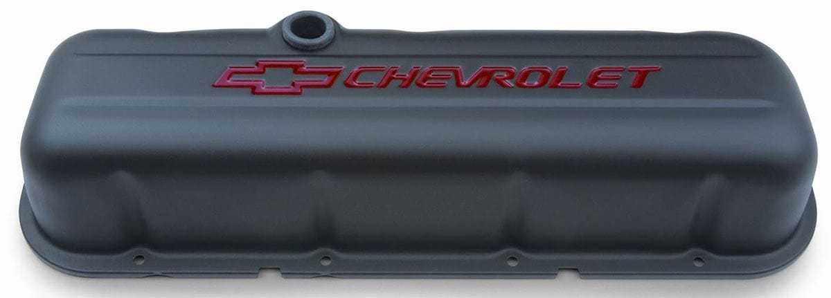 PROFORM Black Crinkle Suit BB Chev With Red Chevrolet Logo & Bowtie Emblem Proform Stamped Steel Tall Valve Covers With Baffle PR141-811 SR