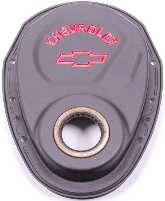 PROFORM Black Crinkle Suit SB Chev With Red Chevrolet Logo & Bowtie Emblem Proform Stamped Steel Timing Cover PR141-753 SR
