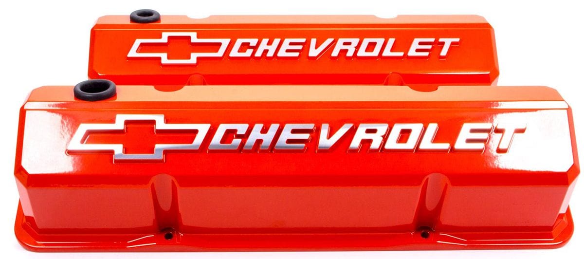 PROFORM Chevy Orange Suit SB Chev With Raised Chevrolet Logo & Bowtie Emblem Proform Die-Cast Aluminium Slant Edge Valve Covers PR141-924 SR