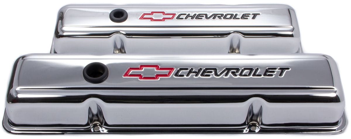 PROFORM Chrome Suit SB Chev With Chevrolet Logo & Bowtie Emblem Proform Stamped Steel Short Valve Covers With Baffle PR141-899 SR