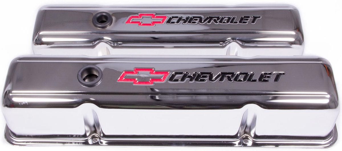 PROFORM Chrome Suit SB Chev With Chevrolet Logo & Bowtie Emblem Proform Stamped Steel Tall Valve Covers With Baffle PR141-905 SR