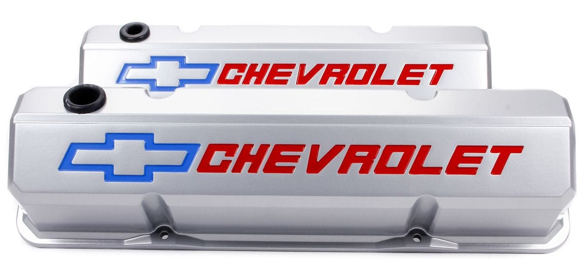 PROFORM Metalic Gray Suit SB Chev With Recessed Chevrolet Logo & Bowtie Emblem Proform Die-Cast Aluminium Slant Edge Valve Covers PR141-923 SR