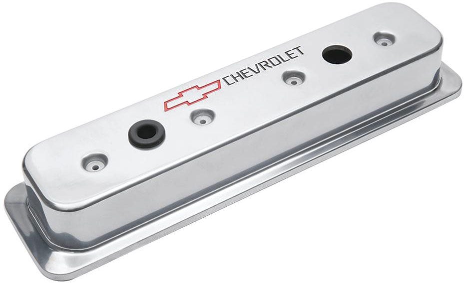 PROFORM Small Block Chev 1987-Later Proform Die Cast Valve Covers with Chevrolet Logo (Centre Hold-Down) Chrome PR141-130 SR